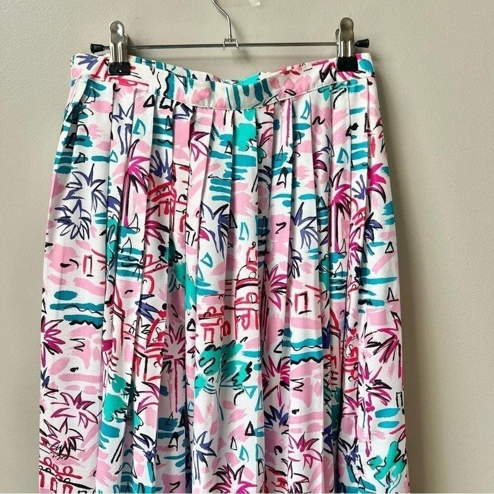 Vintage Skirt Women's XS Tropical Palm Trees Pleated Midi White Pink Kawaii - Picture 7 of 8